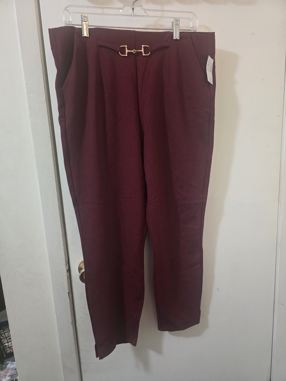 Maurices High-Waisted Pleated Dress Pants with Buckle Detail – Burgundy, Size Lg